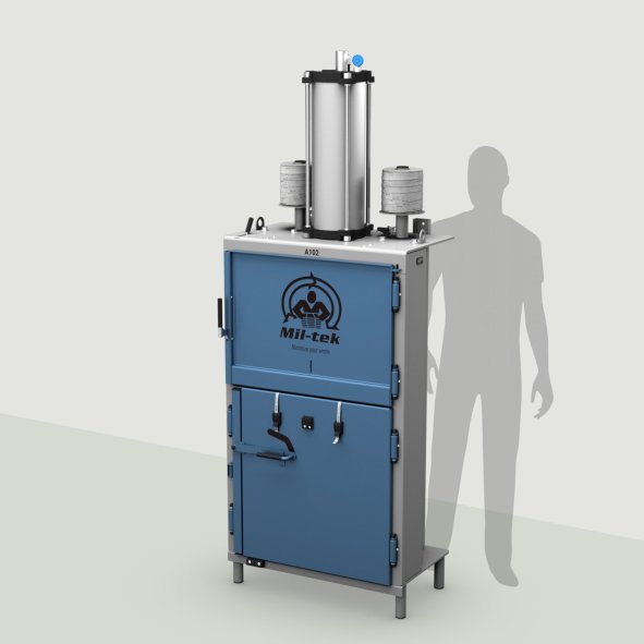 A102-2026-kartonpers-kunststofpers-blauw-machine-grijze achtergrond-netherlands
