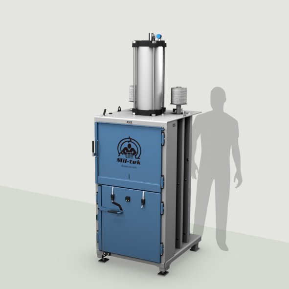 A305-2026-kartonpers-kunststofpers-blauw-machine-grijze achtergrond-Mil-tek-Netherland