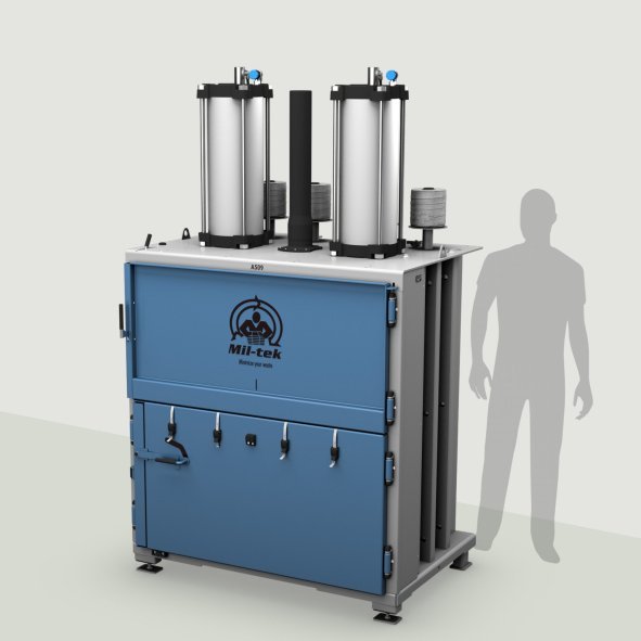 A509-2026-kartonpers-kunststofpers-blauw-machine-grijze achtergrond-Mil-tek-Netherland